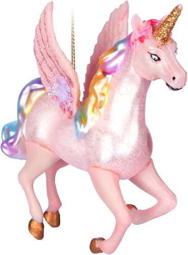 BRUBAKER Flying Unicorn - Glass Christmas Bauble with Rainbow Mane and Wings - Hand-Painted and Mouth-Blown - Humorous Tree Decoration Figure - Funny Hanging Ornament - 5.1 inches (13 cm)