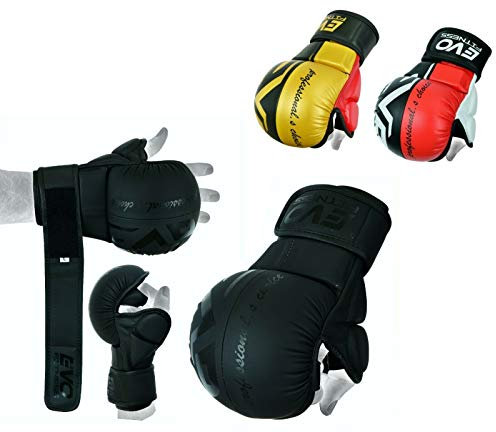 EVO Maya Hide Leather MMA Grappling Gloves UFC Cage Fighting Sparring Glove Training (Black & Red, Medium)