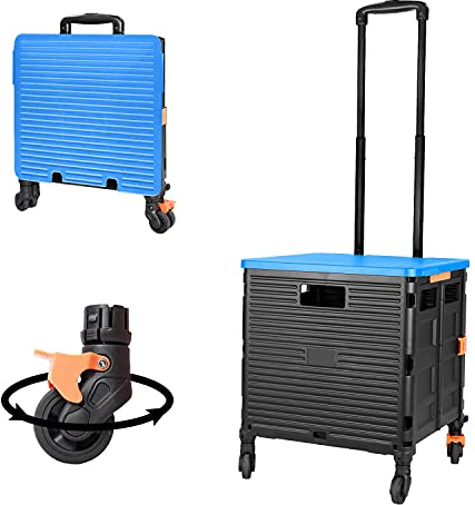 Carro de la Compra Plegable con Tapa Rueda giratoria de 360° silenciosa Resistente al Desgaste y asa de Metal Ajustable baúl de Mano Plegable Capacidad de Carga de 45 kg portátil y Duradero