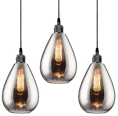 3 Packs Industrial Glass Pendant Lights for Kitchen Island, Modern Teardrop Chrome Mirror Effect Lighting Fixture Edison Hanging Light for Farmhouse Bar Area Over Sink Dining Room (Bulb Not Included)