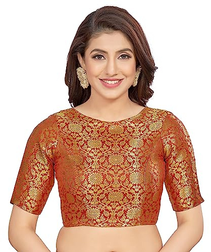 Madhu Fashion Women's Traditional Benaras Brocade Readymade Stitched Saree Blouse 42 Maroon