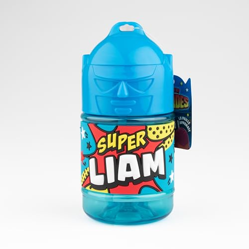 Personalisierte Kinder-Trinkflasche, Wasserflasche mit Strohhalm, Super Liam, Blau