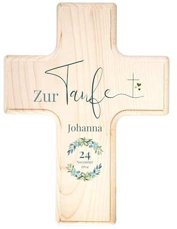 Taufkreuz personalisiert mit Namen zur Taufe aus Holz - 19x14cm - Taufgeschenk für Junge/Mädchen - Geschenkideen zur Taufe - Deko Kruzifix Wandkreuz für Kinderzimmer - UV-Druck - Kranz - blau