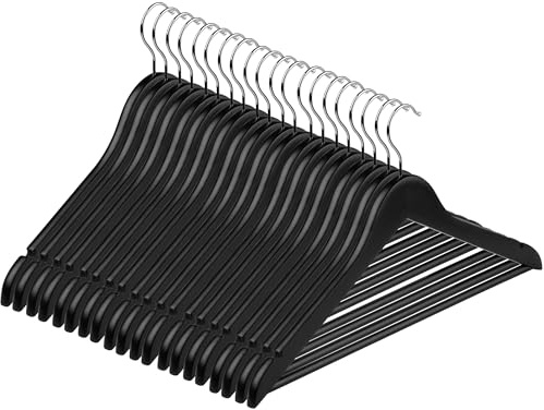 Hardys Black Wooden Coat Hangers - Sloped with Notches, Trouser Bar & 360° Rotating Hook - Wardrobe Space Savers, Hangers for Clothes - For Coat, Jacket, Suit, T Shirt (20 Pack)