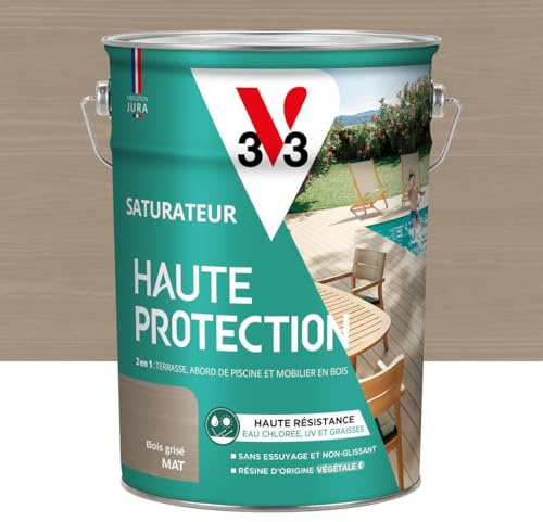 V33 Saturateur bois extérieur Bois grisé mat - Pour terrasses et mobilier de jardin - Haute résistance eau chlorée, UV et graisse - Sans essuyage et non glissant - Résine d'origine végétale - 5L