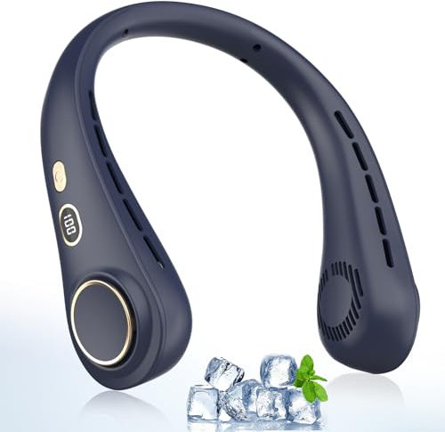 BUOAZR Ventilateur cou Portable, USB Ventilateur-avec Affichage LED, réglage à 5 vitesses, 1800mAh sans lame Silencieux Personne Collier Ventilateur, pour Cuisine Extérieure Bureau Camping (Bleu)
