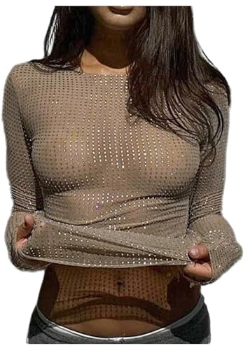 SOLY HUX Women's Rhinestone Sheer T Shirt Crew Neck Long Sleeve Sparkly Going Out Tops Solid Brown Large