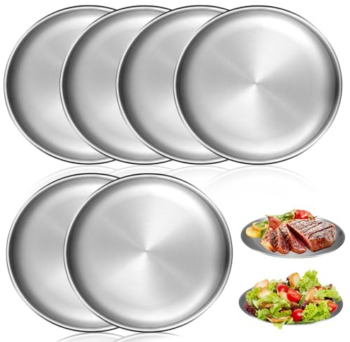 LEKEFETO Juego de 6 platos de acero inoxidable de 20 cm de diámetro, vajilla de camping inoxidable para picnic, cocina y exterior, apto para lavavajillas y ligero