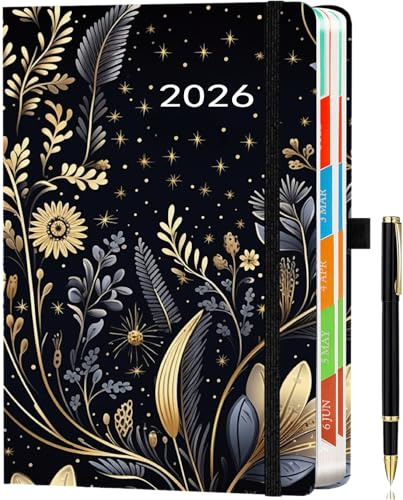 Day by Day 2026 A5 Tageskalender – 1 Tag pro Seite – Tagesplaner, Terminkalender, Buchkalender, Jahresplaner von Januar bis Dezember, mit bunten Monats-Tabs, Goldgelb, inklusive Stift.
