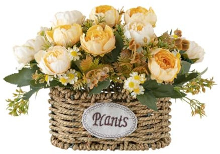 MagiDeal Flores Artificiales con Cesta, Centro de Mesa, Decoración del Hogar, Regalo, Suministros para Fiestas, Adorno, Decoración de Escritorio para Bodas Y O, Amarillo