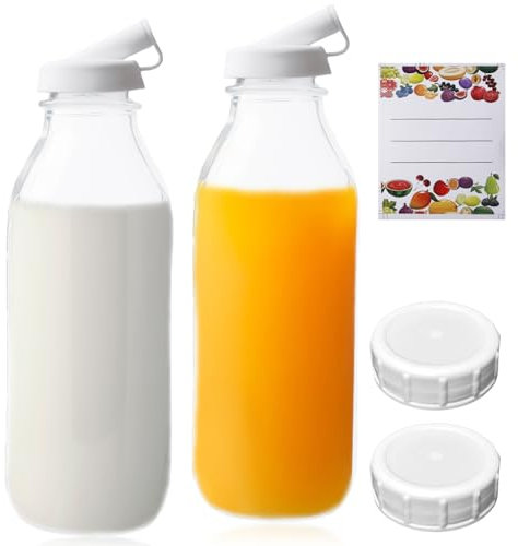 GBKDQQ Lot de 2 bouteilles en verre avec couvercle de 1 litre, bouteilles de lait de 1 l avec bouchon à vis, bouteille à étrier pour smoothie, kombucha, sirops, boissons