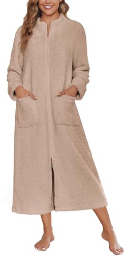 Ekouaer Women Zipper Robe Long Sleeves Bathrobe Winter Sleepwear Warm Soft Housecoat with Pockets Zip Up House Robes Khaki