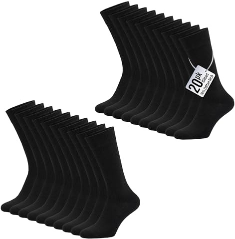 The Essentials Wardrobe Mens Black Socks 10 & 20 Pack Cotton Rich Ribbed Socks Breathable Flat Toe Seam Comfort Grip Top Elastane Stretch Elasticated Rib Leg Work & Casual Wear Multipack Socks