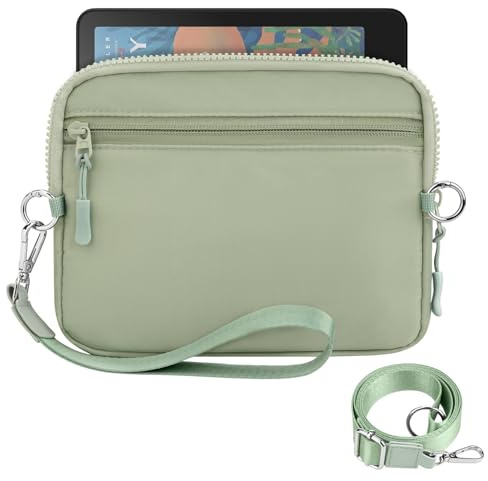 Dadanism 6-7 Inch Protective Padded Sleeve Bag Carrying Case with Shoulder & Wristlet Strap for 7 Kindle Paperwhite/Kindle Colorsoft, 6 Kindle/Kobo Clara Colour, with RFID Blocking Card Slot, Sage
