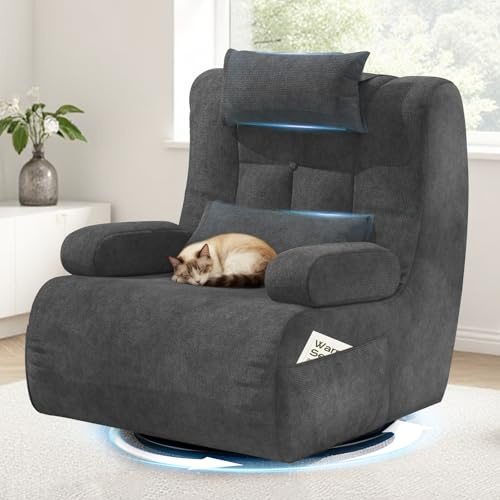 Gegcucey Poltrona Relax per Soggiorno con 2 Cuscini Extra, Schienale e Cuscino Imbottiti, 2 Tasche Laterali, 360° Poltrona Girevole per Camera da Letto, Home Theater,Sedia Oversize con Schienale Alto