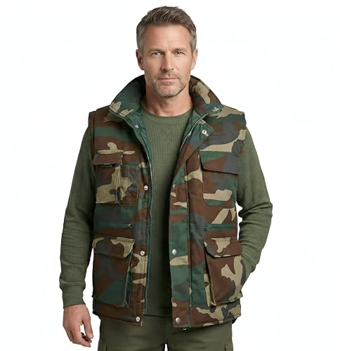 COARTEX Chaleco Táctico Multibolsillos Camuflaje - Acolchado Caza, Pesca y Airsoft - 9 Bolsillos, Exterior Sarga 200g y Relleno Térmico 250g Robusto