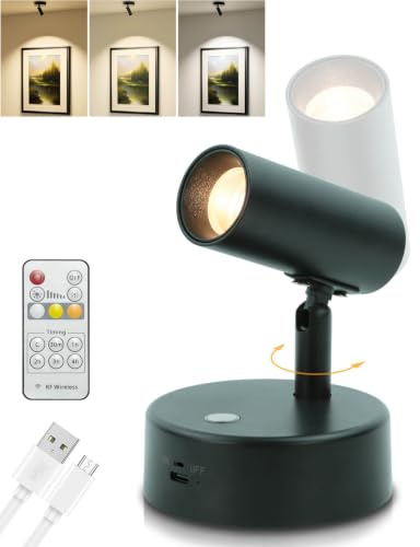 Foco LED Interior Recargable 5000mAh - Aplique de Pared Inalámbrico Magnético, 3 Colores y Regulable, Focos Pilas Rotación 350° para Cuadros y Arte, Lámpara de Pared con Batería para Pasillo, Negro