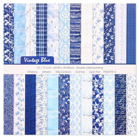 24 ark scrapbook-papper, 30,5 x 30,5 cm, dubbelsidigt mönsterpapper, motivpapper, pysselpapper, för gör-det-själv-kortpyssel, collage, bröllopsalbum och heminredning (blå)
