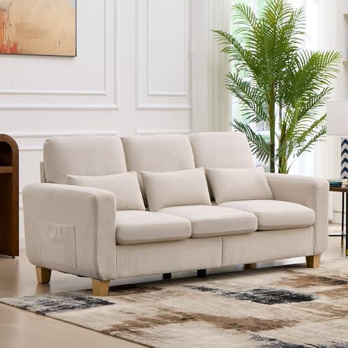 EBELLO 3 Seater Sofa, Corduroy Couch with Solid Wood Frame,White | 16cm thick high density foam, removable machine-washable covers, solid wood frame, easy assembly, UK fire safety compliant.