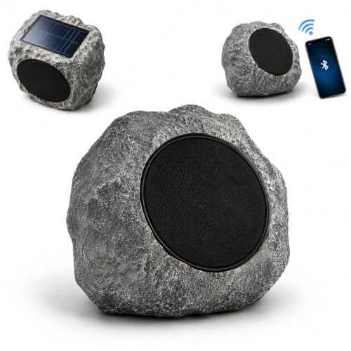 Altavoces de roca con energía solar al aire libre impermeables Bluetooth, altavoz inalámbrico para paisaje recargable por energía solar y USB, diseño de piedra realista, audio de graves profundos para
