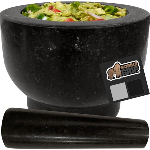 GORILLA GRIP 100% Natural Granite Stone Mortar and Pestle Set, 4 Cup, Non-Scratch Base, Heavy Duty Polished Molcajete Guacamole Salsa Bowl, Grind Seeds, Garlic, Herbs, Spices, Kitchen Muddler, Black