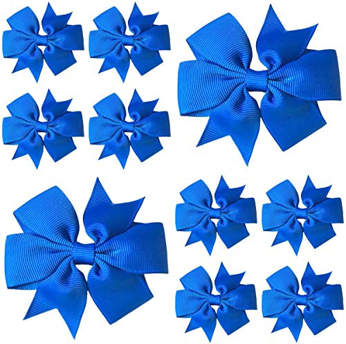 Royal Blue Hair Bows for Girls – 3 Inch Grosgrain Pinwheel Ribbon Bows with Crocodile Clips – School Uniform Hair Accessories for Children, Toddlers & Kids - 10 Pack