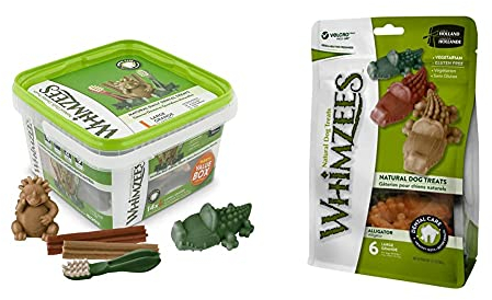 WHIMZEES Gemischte Vielfaltsbox, natürliche, getreidefreie Zahnpflegesnacks, Kaustangen für große Hunde, 14 Stück & Krokodil, natürliche, getreidefreie Zahnpflegesnacks, 6 Stück, Größe L