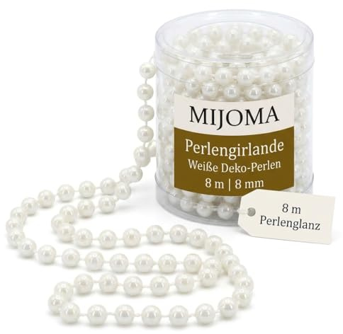 MIJOMA Ghirlanda di perle – Elegante nastro di perle, collana di perle e filo di perle decorative, elegante decorazione da tavolo, Natale, Avvento, matrimonio, 8 mm, 8 metri (bianco)