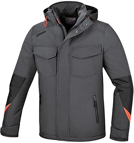 BETA Chaqueta de trabajo de poliéster Oxford 300D impermeabilizada, con respaldo de pu, gris, chaqueta de trabajo con cierre frontal de doble cremallera y botones automáticos, multibolsillos