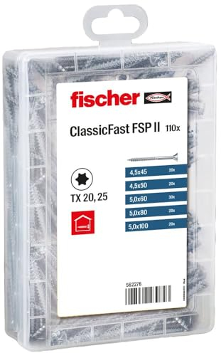 fischer Profi-Box ClassicFast II Spanplattenschraube, vorsortierte Sortimentsbox mit 110 blauverzinkten Schrauben im Durchmesser 4,5 - 5,0 mm, Senkkopf, TX-Antrieb und Teilgewinde, für Holzbaustoffe