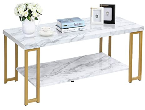 LIFEZEAL Mesa de Centro de mármol, Mesa Baja Rectangular de 2 Niveles, Mesa Auxiliar Moderna con Estante de Almacenamiento, Mesa de café para salón, balcón, 100 x 49 x 45 cm