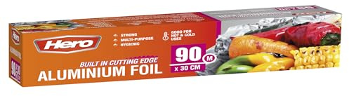 Hero Strong Kitchen Foil Roll 90m x 300mm – Premium Aluminium Tin Foil with Easy Cutter Dispenser | Non-Stick, Freezer Safe Foil for Catering, BBQ, Baking, Cooking & Food Wrapping