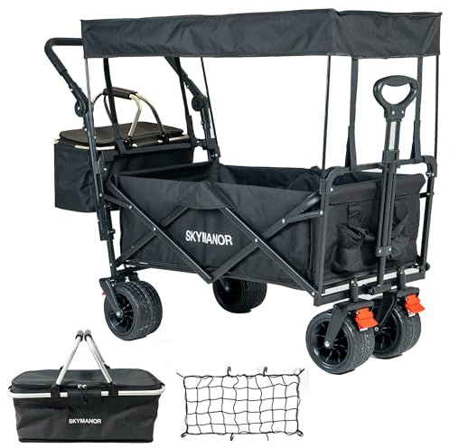 SKYMANOR Collapsible Wagon Folding Garden Cart with Removable Canopy Utility Heavy Duty Wagon Cart with All-Terrain Wheel Storage Brake for Camping Shopping (Upgraded Canopy-Black)