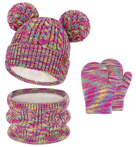 Bequemer Laden Bebe Niños invierno Gorro Termicos Pompon Bufanda Guantes Conjunto Manoplas con Forro Polar para 0-4 Años Regalo para Niñas Niños