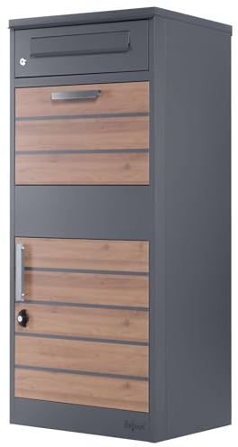 Zelsius Boîte aux Lettres avec Compartiment pour Paquet | RAL9007 Anthracite | Acier galvanisé revêtu par poudrage avec éléments Aspect Bois Marron | avec Dispositif Anti-Retour | Montage au Sol