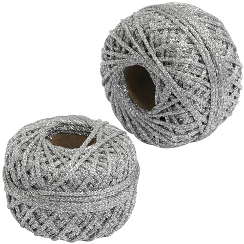 AERZETIX - C73416 - Juego de 2 Pelotas de cordón Trenzado 50m x 2mm Hilo Brillante - Color Plata - Rollo Hilo Cuerda Metalizado decoración proyectos creativos Arte Embalaje retorcido