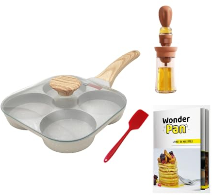 MYBO TV WONDER PAN Poêle 4 Compartiments - Antiadhésive - Tous Feux Dont Induction - Couvercle en Verre - Spatule en Silicone (Spatule+Couvercle+Livre+Doseur huile)