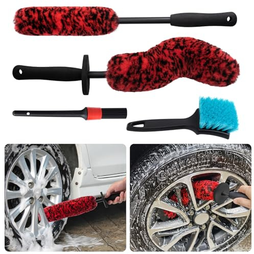 KLeXiC 4 Pack Car Wheel and Tire Cleaner Brushes Kit Auto Motorcycle Rim Hub Ultra Soft Microfiber No Spatter Bendable Woolies Bristle Cleaning Set