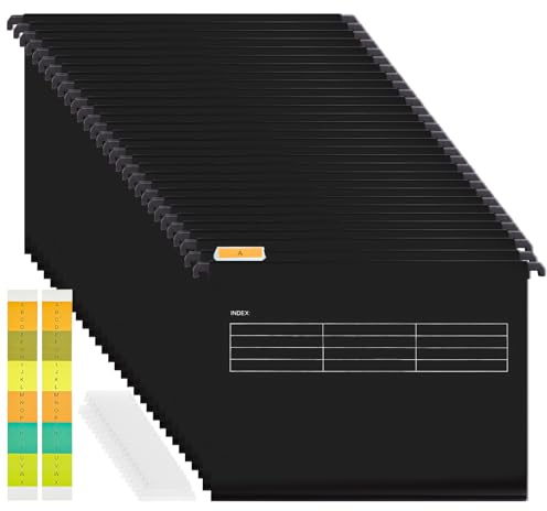 AKOLAFE 30 Pack Filing Cabinet Suspension Files A4 for Filing Cabinet, Black Dividers Hevy Duty Hanging Files Suspension Files Foolscap with 30 Tabs and Inserts for Office, Home File