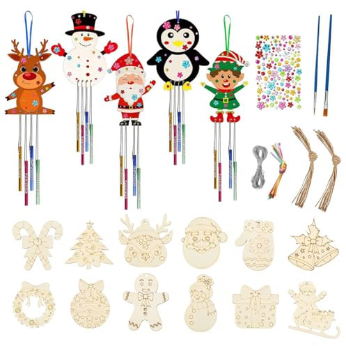 SULIUDAJI 5 Pcs Campane A Vento DIY E 12 Decorazioni Albero Di Natale In Legno Scacciapensieri Natalizi Per Bambini Fai Da Te Campanelli A Vento Di Natale In Legno Per Dipingere