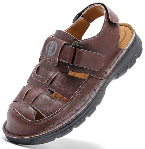 GURGER Sandales en Cuir pour Hommes Été Sport Randonnée Sandales de Marche Bout Fermé Taille 43 Marron Foncé