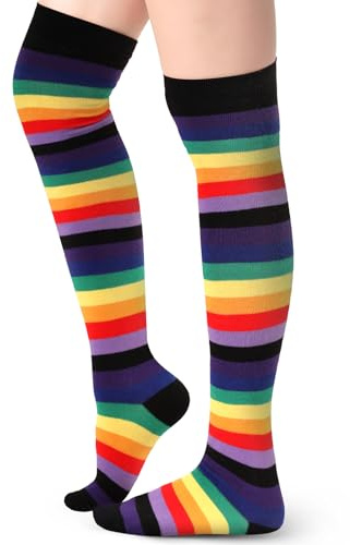 Blulu Calcetines hasta la Rodilla a Rayas Medias Largas hasta el Muslo para Mujeres(Negro Arcoíris)