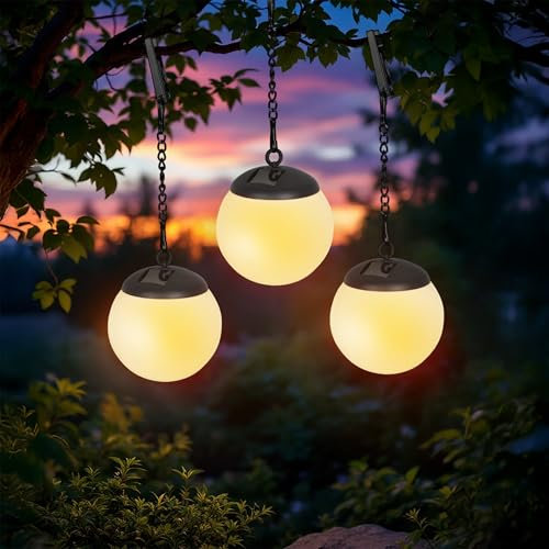 LED Solar Leuchtkugel weiß zum Hängen 29x10 cm - 3er Set - Garten Hängeleuchte warm weiß mit Metallkette - Outdoor Pendelleuchte Gartenleuchte Solarleuchte Hängelampe Kugelleuchte Deko Lampe für Außen
