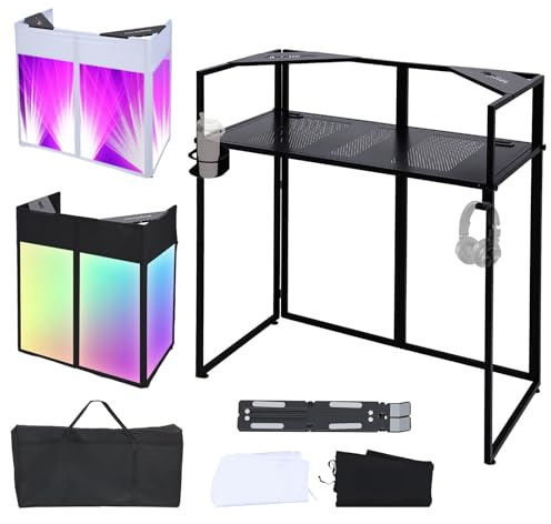 ANGELBECKE Portable DJ Booth Facade,DJ Table,Heavy-Duty DJ Table Stand Portable Booth,Iron Plate Surface DJ Facade Booth,with Carry Bag & Hook & Cup Holder (41.3L x 20.4W x 43.3H)