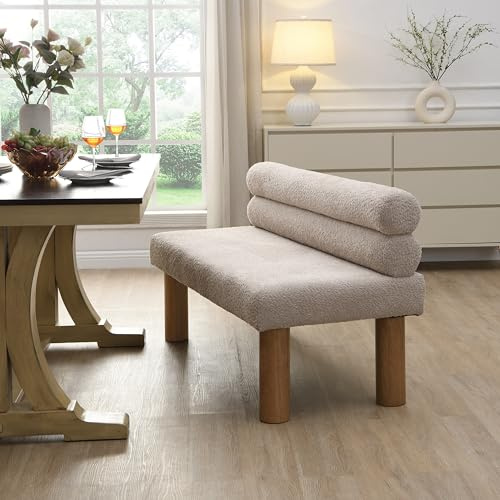 GDFStudio Upholstered Boucle Dining Bench with Backrest Farmhouse Entryway Bench with Rubber Wood Legs Long Indoor Bench for Bedroom Living Room End of Bed Dining Room Seating, Light Grey