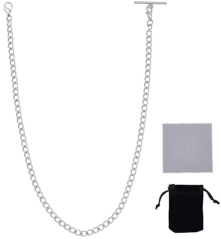 PH PandaHall Cadena de reloj de acero inoxidable 304 de 14.3 pulgadas, cadena plateada para chaleco, reloj de bolsillo, barra en T, cadenas de eslabones de bolsillo para hombre, cadenas de estilo