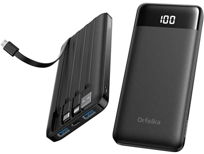 Orfeika Portable Phone Charger, 10000mAh Portable Charger Power Bank with Built-in Cables, Travel Essential Battery Pack Compatible with iPhone, Samsung, Google, iPads, Tablets, etc