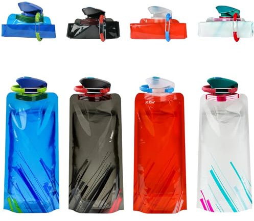 DtgEcd 4pcs Collapsible Water Bottle, 700ml Foldable Water Bottle with Carabiner, Portable Reusable Collapsible Bottle for Outdoor Sports Travel Biking, 4 Colors (Blue, Black, Red, White)