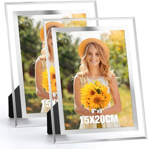 Acrrynii 2 Pezzi Cornice Foto 15x20 cm in Vetro, Cornici per Foto 20x15, Moderno Trasparente Portafoto da Tavolo in Argento per Matrimonio, Case, Ufficio, Regalo, Orizzontale o Verticale