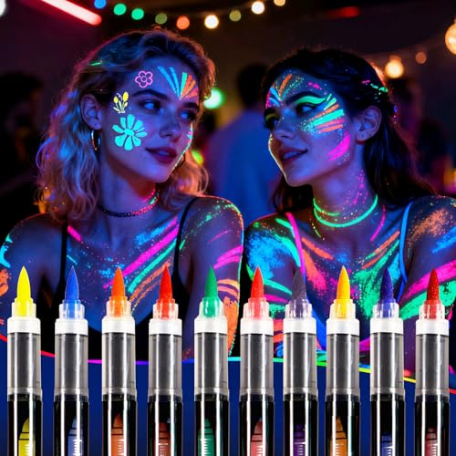 Oiomniv Glow in The Dark Face Paint Markers, 10 Colors UV Neon Body Paint Pens, Waterproof & Skin-Safe Blacklight Tattoo Markers, Washable Temporary Tattoo Pens for Halloween, Music Festivals Parties